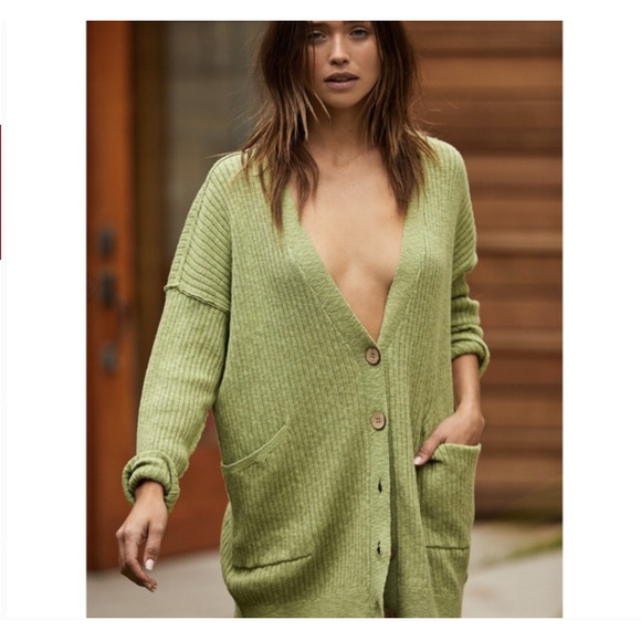 Free People Sweaters - FREE PEOPLE Maiya Linen Blend Knit Longline Cardigan Green Sweater Size Small